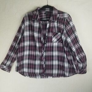 Well Worn Plaid Flannel Shirt Long Sleeve Collared Button purple White Women XXL